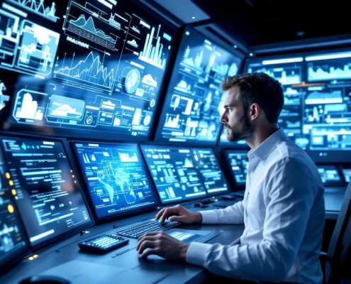 A high-tech control room with an engineer at a digital interface, showcasing automation and diverse industry applications in cool lighting.
