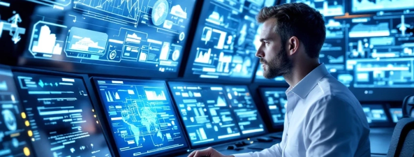 A high-tech control room with an engineer at a digital interface, showcasing automation and diverse industry applications in cool lighting.