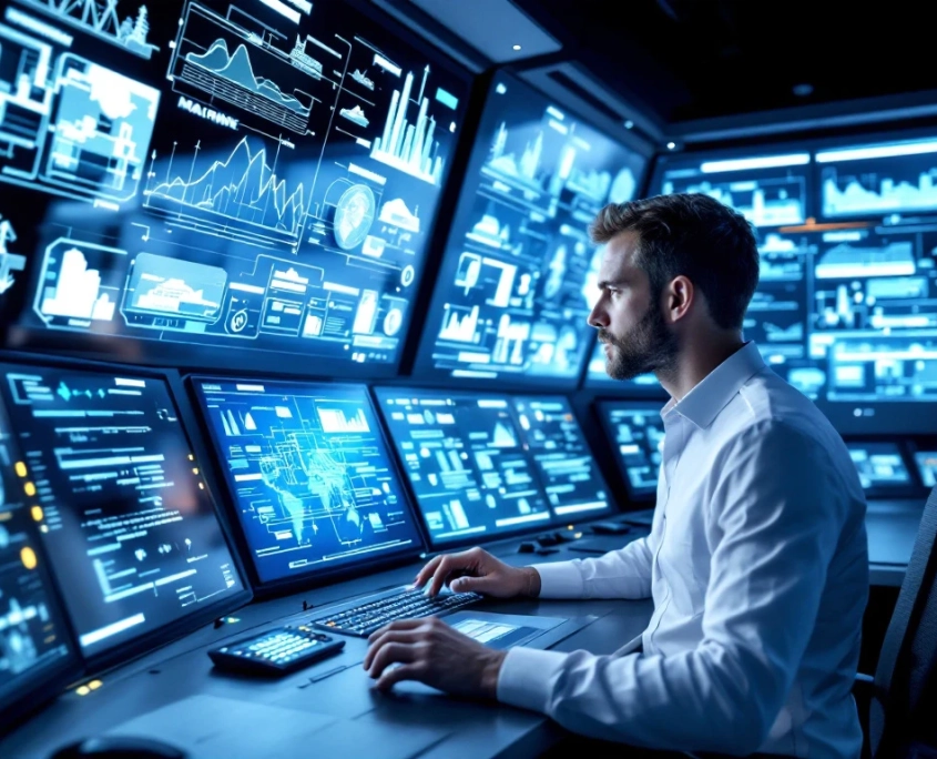 A high-tech control room with an engineer at a digital interface, showcasing automation and diverse industry applications in cool lighting.