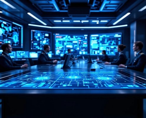 A high-tech military control room with personnel, advanced communication systems, and screens, highlighting TK Engineering Oy's expertise.