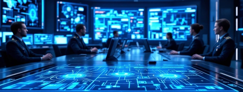 A high-tech military control room with personnel, advanced communication systems, and screens, highlighting TK Engineering Oy's expertise.