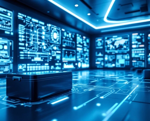 A modern control room with digital panels, a glowing battery, and industry icons, symbolizing advanced CAN bus technology and innovation.