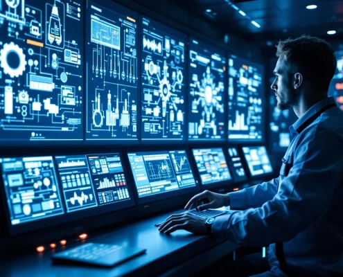 A modern control center with an engineer using a touchscreen, symbolizing TK Engineering Oy's expertise in automation and innovation.