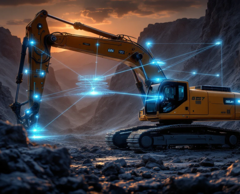 Autonomous excavator with holographic controls operating in sunset quarry, featuring LiDAR sensors and automated systems navigating rugged terrain.