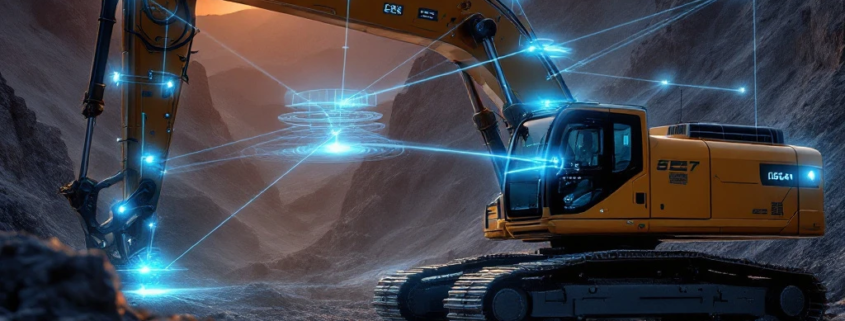 Autonomous excavator with holographic controls operating in sunset quarry, featuring LiDAR sensors and automated systems navigating rugged terrain.