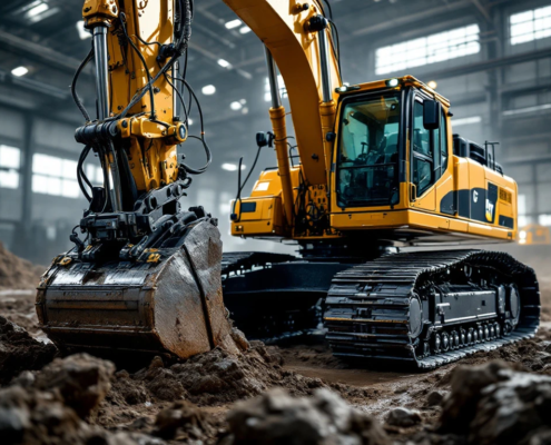 Yellow excavator undergoing hydraulic system testing on rugged terrain with diagnostic sensors attached; testing facility visible in background.