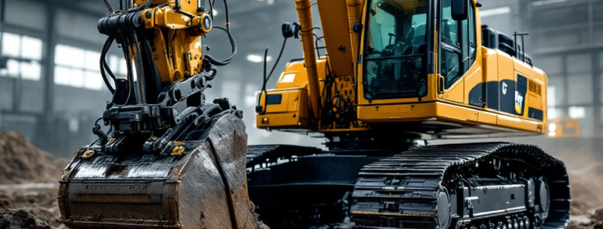 Yellow excavator undergoing hydraulic system testing on rugged terrain with diagnostic sensors attached; testing facility visible in background.