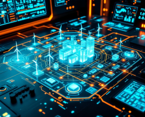 Futuristic energy control room with holographic displays monitoring a smart grid connecting renewable energy sources through glowing data streams