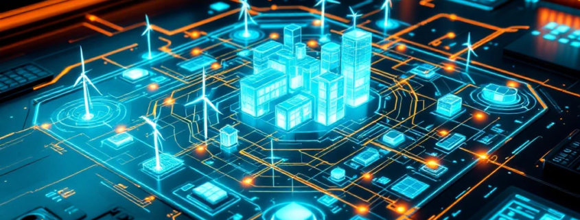 Futuristic energy control room with holographic displays monitoring a smart grid connecting renewable energy sources through glowing data streams