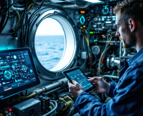 Marine engineer using diagnostic tablet on ship's control panel with illuminated system schematics and sea visible through porthole
