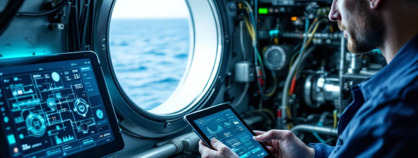 Marine engineer using diagnostic tablet on ship's control panel with illuminated system schematics and sea visible through porthole