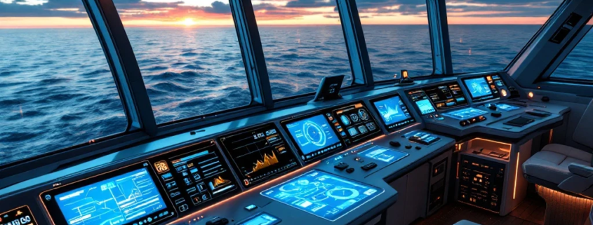 Futuristic ship bridge with illuminated touchscreen controls, holographic displays, and panoramic windows overlooking ocean sunset