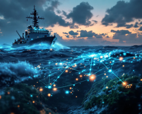 Marine vessel with advanced sensors navigates choppy waters at dusk, technology connections fragmented in harsh ocean environment