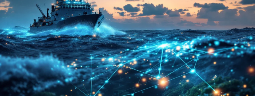 Marine vessel with advanced sensors navigates choppy waters at dusk, technology connections fragmented in harsh ocean environment