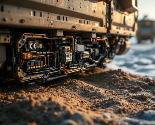 Military-grade vehicle component with CAN bus connections exposed in harsh conditions, featuring protective coatings and weatherproof seals under dramatic lighting.