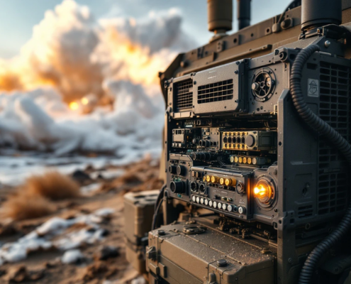 Ruggedized military communications unit mounted on tactical vehicle withstanding extreme weather conditions with specialized weatherproof engineering