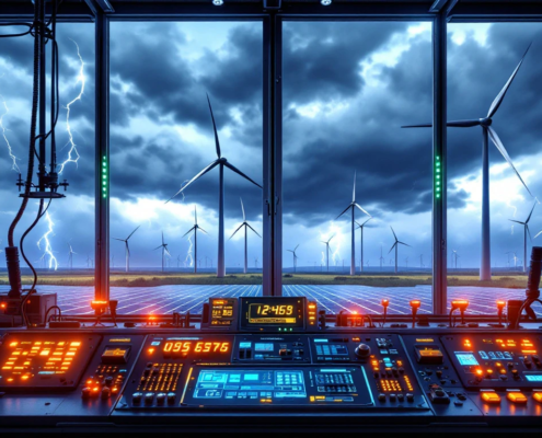 Control system monitoring renewable energy with warning indicators, overlooking wind turbines and solar arrays under stormy sky with lightning.