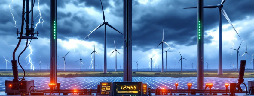 Control system monitoring renewable energy with warning indicators, overlooking wind turbines and solar arrays under stormy sky with lightning.
