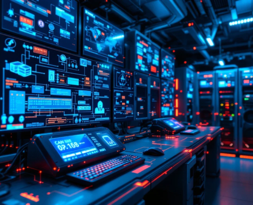 Military command center with encrypted displays, CAN bus communications, biometric terminals and active security monitoring systems in blue-gray tones.