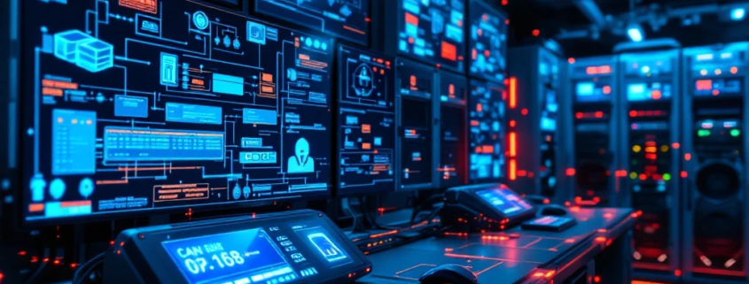 Military command center with encrypted displays, CAN bus communications, biometric terminals and active security monitoring systems in blue-gray tones.