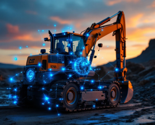 Modern excavator at construction site with blue digital overlays highlighting components, suggesting smart machinery connectivity.