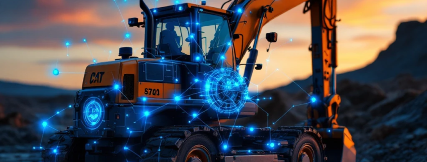 Modern excavator at construction site with blue digital overlays highlighting components, suggesting smart machinery connectivity.