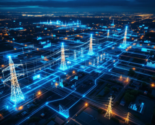 Aerial view of illuminated energy distribution network at dusk with blue digital analytics overlays optimizing power flow across a smart grid system