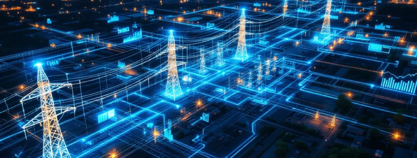 Aerial view of illuminated energy distribution network at dusk with blue digital analytics overlays optimizing power flow across a smart grid system