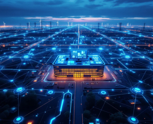Aerial view of smart energy grid with glowing blue sensors, data streams connecting turbines and transmission towers, and central monitoring station at twilight.